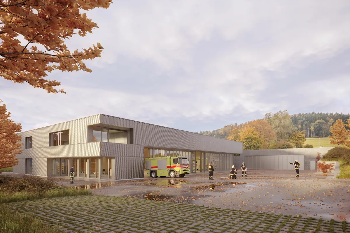 Man sieht eine Visualisierung des neuen Bevölkerungsschutzgebäudes in Maur.